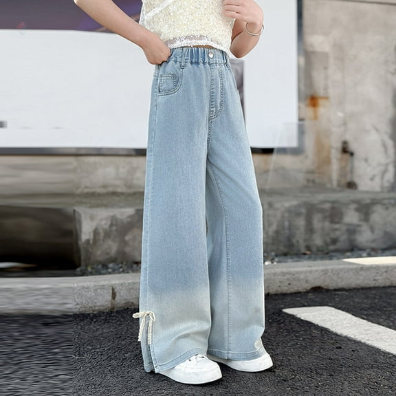 Girls'Fashion Jeans Denim Elastic Wasit Wide Leg High Waist Denim Pants for Teens Juniors Jeans 13-14 Years Girls Fashion