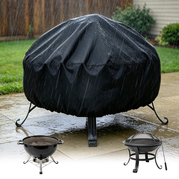 Round Fire Pit Cover with Waterproof Construction for Outdoor Use Protects BBQ Grill from Snow Rain Dirt Dust and Sunlight (33.4"x15.7")