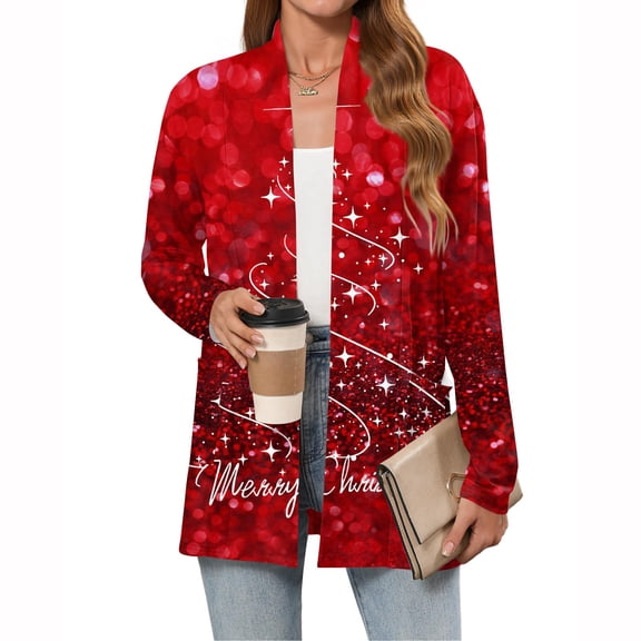 Women's Christmas Printed Lightweight Cardigan Long Sleeve Casual Loose Thin Fit With Pockets Jacket for Holiday Comfort and Everyday Wear,Vermilion,2XL