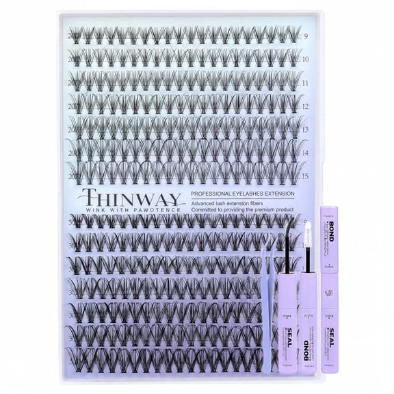 Thinway Lash Extension Kit DIY 280pcs Individual Lash Clusters Kit 20D&30D Natural 9-15mm Cluster Eyelash Extensions Kit with Lash Bond and Seal, Tweezers for Self Use (20D&30D, 0.07D, 9-15mm, Kit)