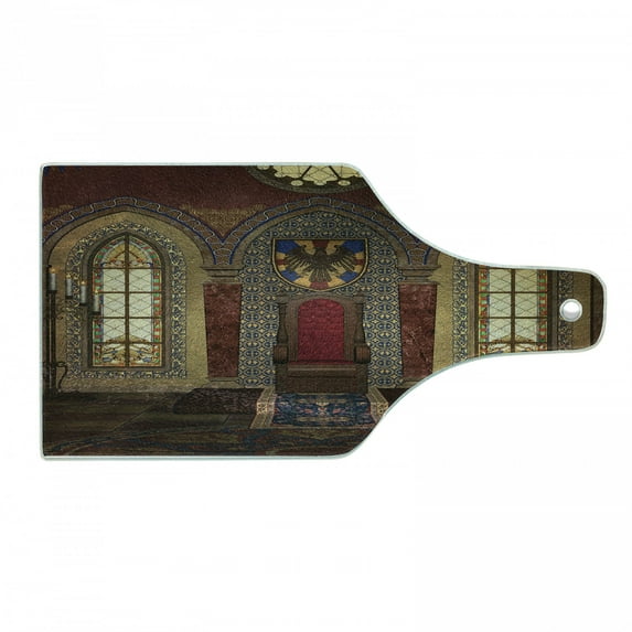 Gothic Cutting Board, Red Medieval in Chapel Eagle Portrait on Wall Fantasy Building Print, Decorative Tempered Glass Cutting and Serving Board, Wine Bottle Shape, Brown Ruby, by Ambesonne