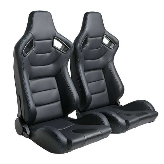 RaceReady Racing Seats For Cars,Black PVC Leather Blue Stitch,Reclinable Carbon Look Leather Back,With Adjustor Dual Lock Slider(Not Including Seat Bracket)