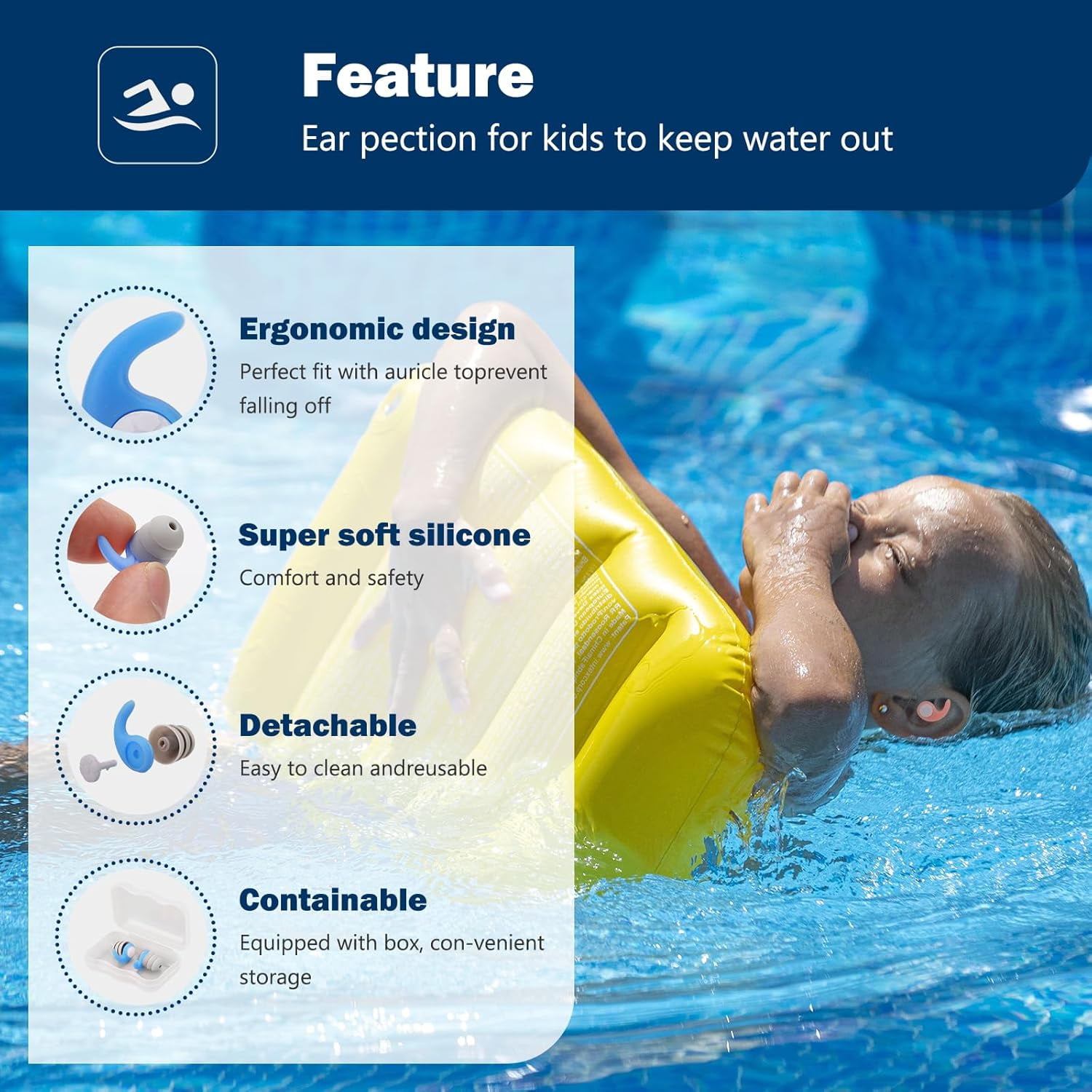 Swimming Ear Plugs for Kids,3 Pairs Waterproof Silicone Swim Earplugs for Swimming Surfing Diving Showering for 5-13 Years Olds Children and Small Ear Teens