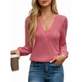 thumbnail image 2 of Women'S Multi-Layered V-Neck Solid Color Long Sleeved T-Shirt Casual Blouses Top Pink L, 2 of 10