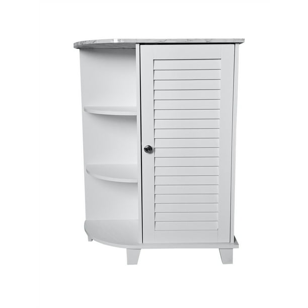 Trevita Organizador de gabinete de piso de almacenamiento para baño con estante ajustable y 3 estantes abiertos, madera blanca y mármol, contemporáneo Pilaster Designs HABR-142