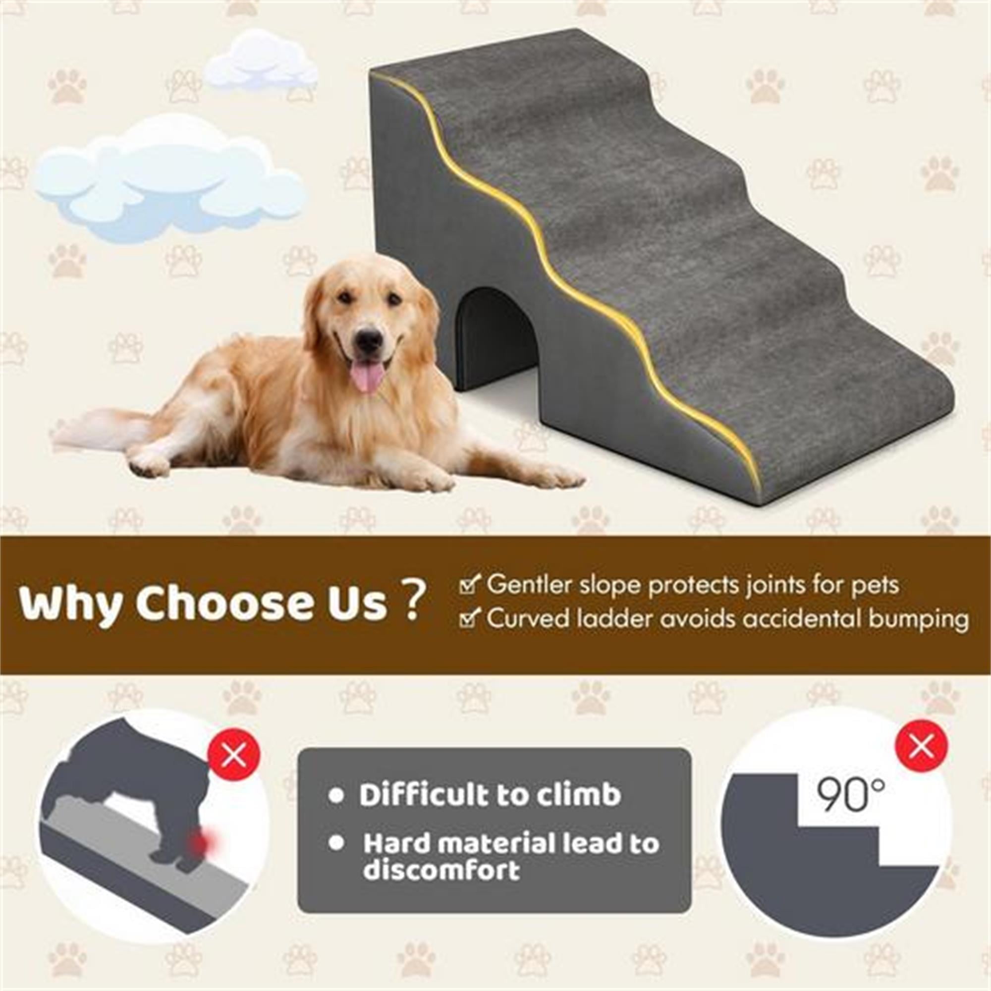 Kadyn 27" Dog Stairs for Small Pets with High-Density Sponge and Silicone Paw Prints, 4-Step Dog Ramp for Beds and Couch, Gray