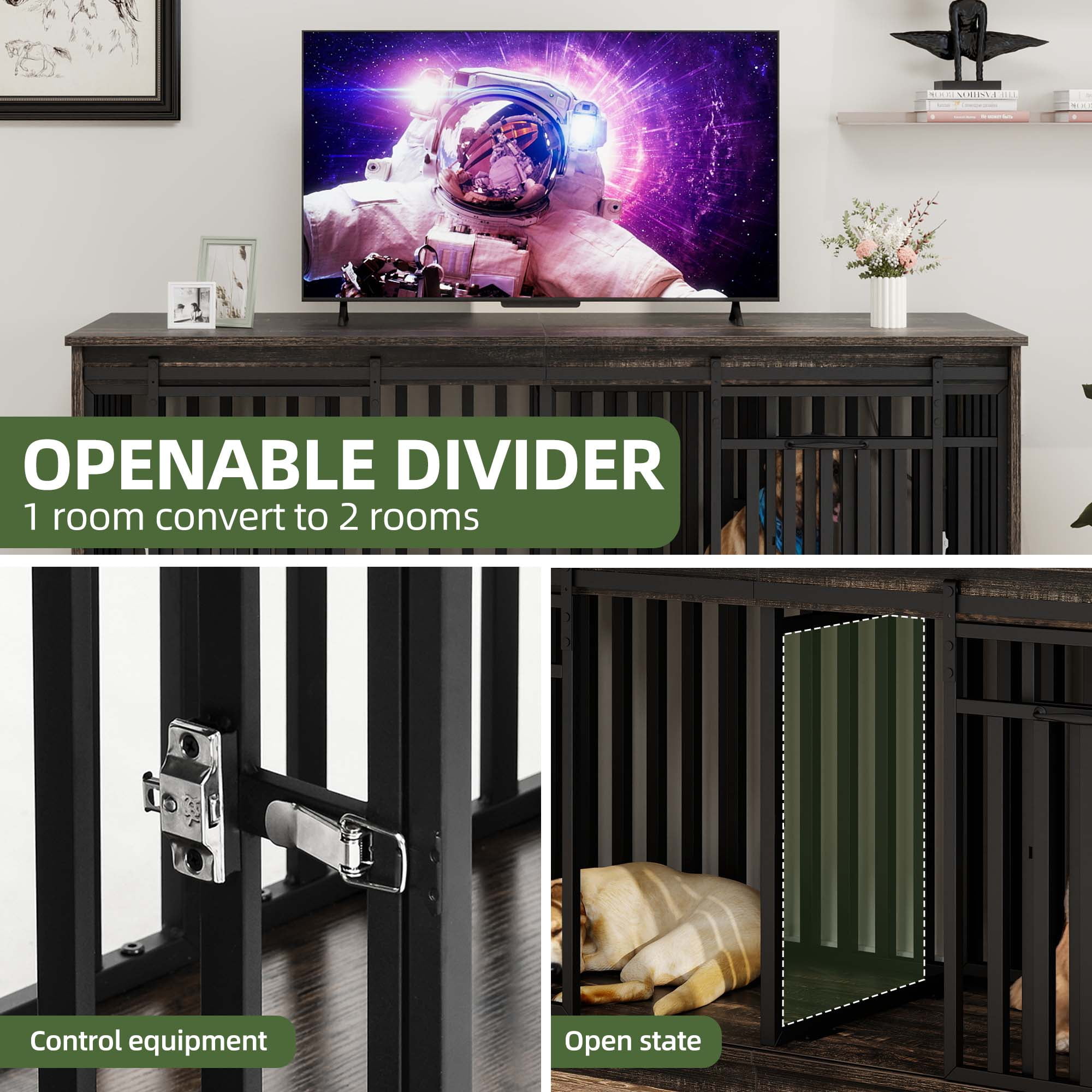Uforic 71-Inch Farmhouse TV Stand for TVs up to 65",Heavy Duty Dog Crate Furniture with 4 Dog Bowl - Black