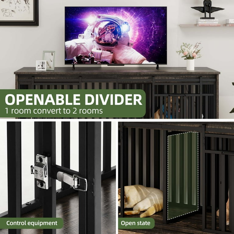 Uforic 71-Inch Heavy Duty Dog Crate Furniture with 4 Dog Bowl,Double Dog Kennel Furniture for Dog Cage Table - Black Oak
