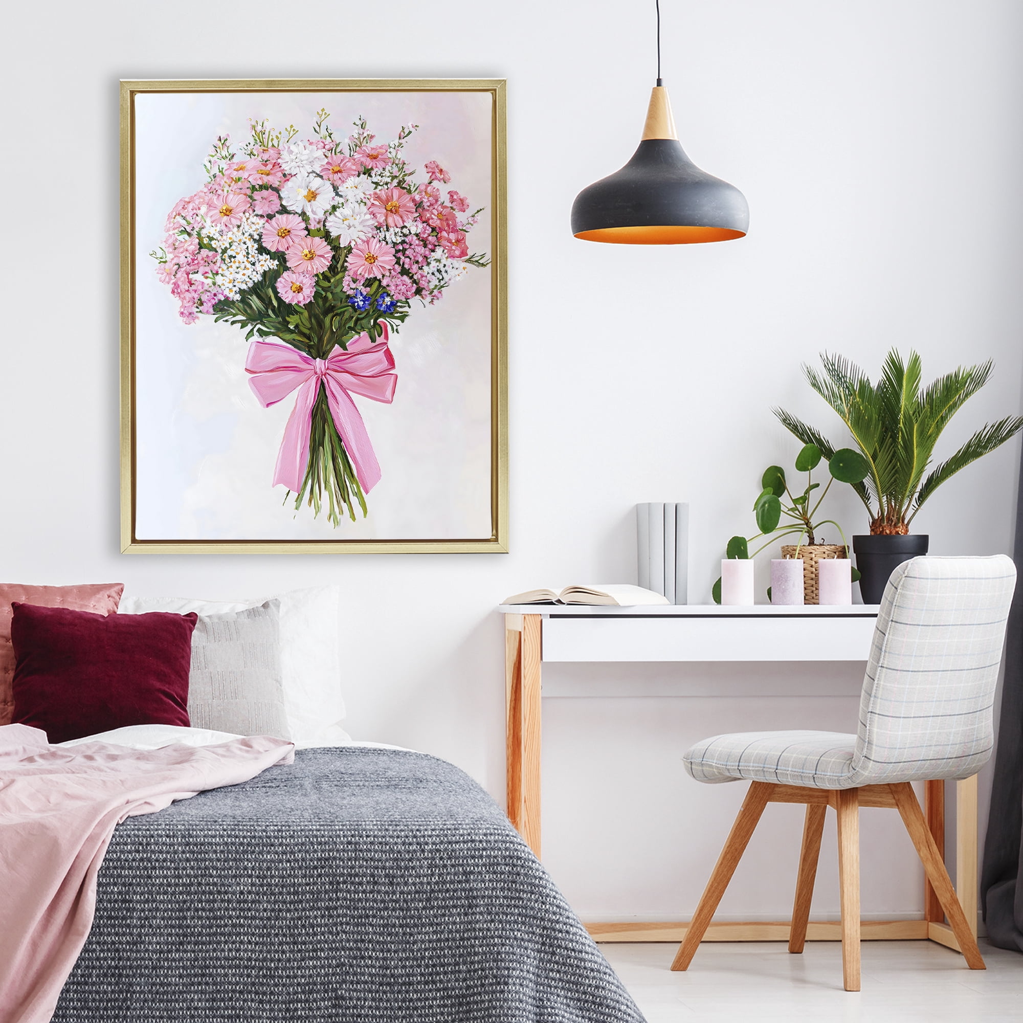 Stupell Industries Pink & White Tied Flower Bouquet Gold Framed Floater Canvas Wall Art, design by The Prints Vibe