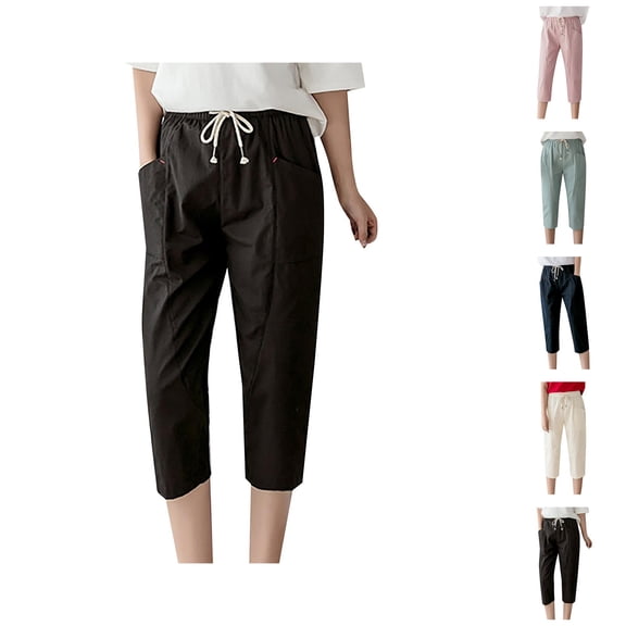 Cotton Linen Capri Pants for Women Lightweight Relaxed Fit Straight Leg Cropped Pants with Pockets Womens Capris