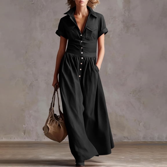 Ynynloco Women's Flowy Cotton A-Line High Waisted Maxi Dresses Casual Linen Short Sleeve Button Down Shirt Dresses with Pockets