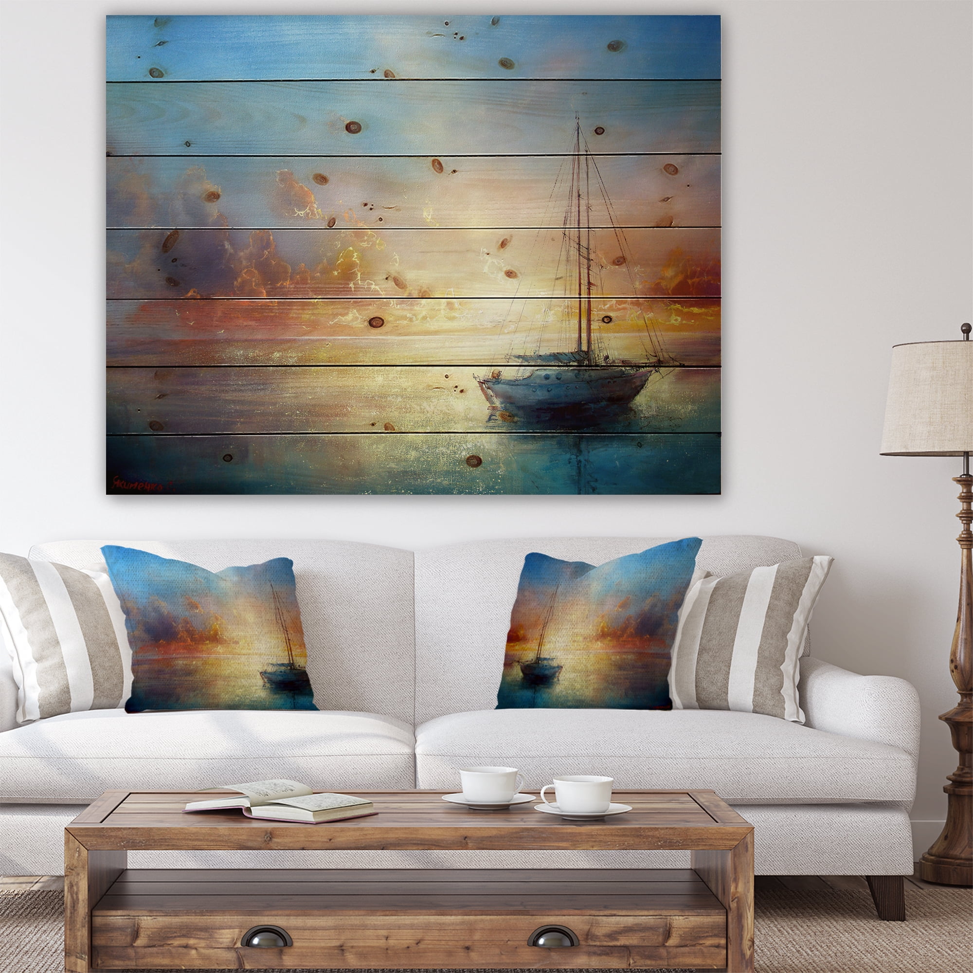 Designart 'Seascape Pier' Seascape Print on Natural Pine Wood