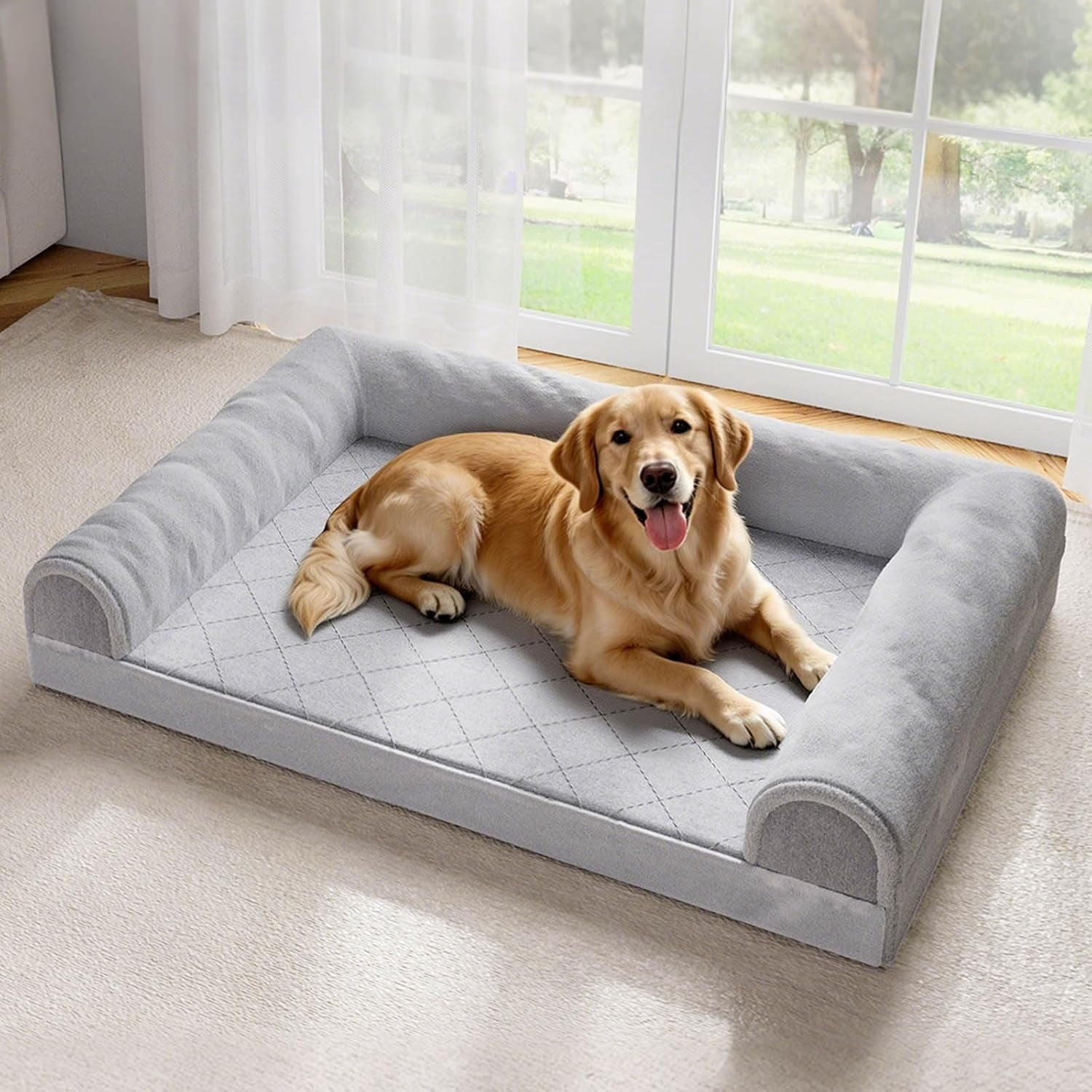 Dog Bed for Large Dogs, Orthopedic XL Pet Bed with Sides, Waterproof Egg Crate Foam Couch Sofa with Removable Cover and Anti-Slip Bottom, Grey