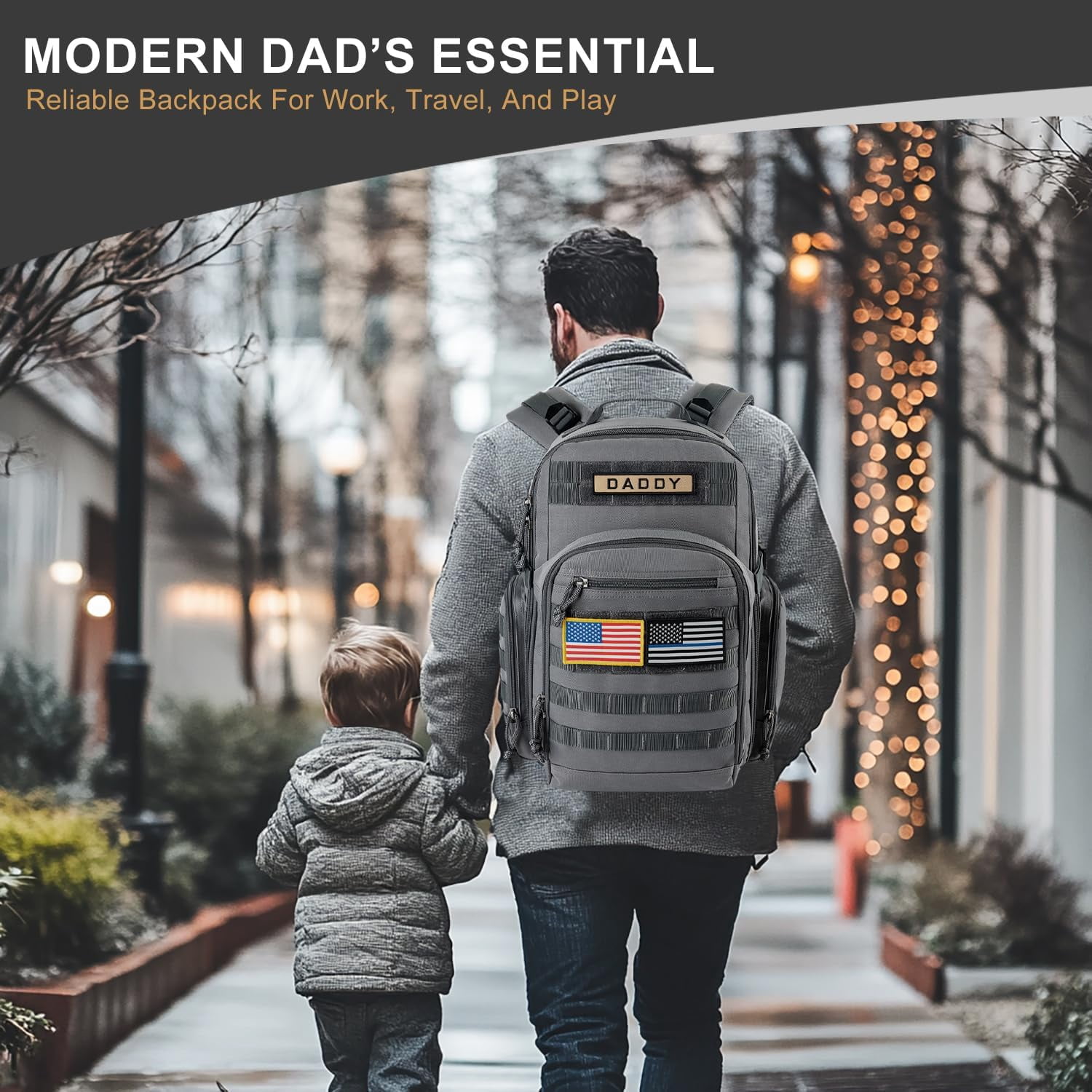 MIRACOL Diaper Bag Backpack for Dad: 40L XL Capacity Fits 1-3 Days Trip - Military Style with Daddy Patch for Active Dads - Ideal Gift for New Fathers & Husbands Grey
