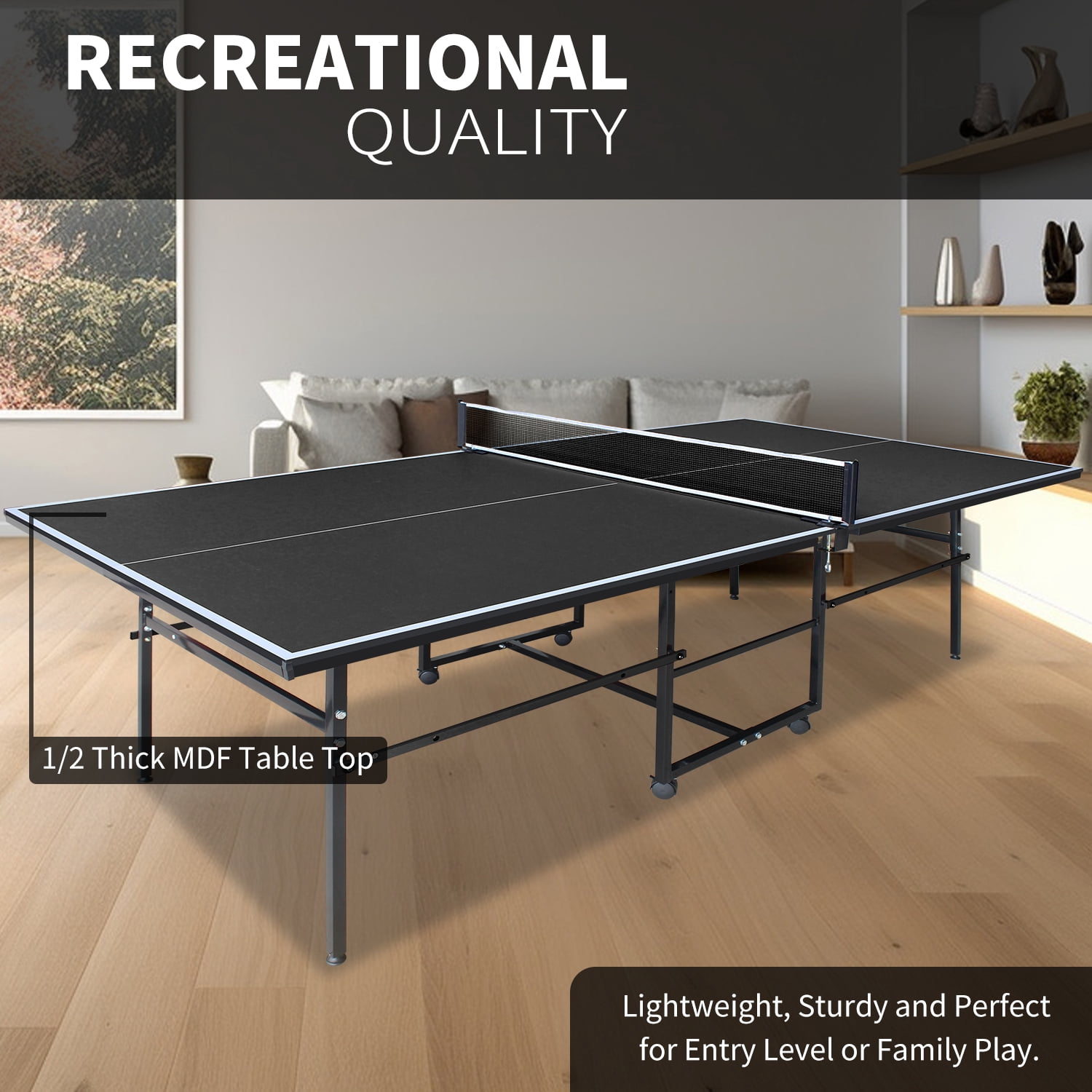 KL KLB Sport 108" *49" Mid Size Foldable Ping Pong Tables, Family Table Tennis Table with Wheels, Net, Paddles & Balls for Home Use, Black