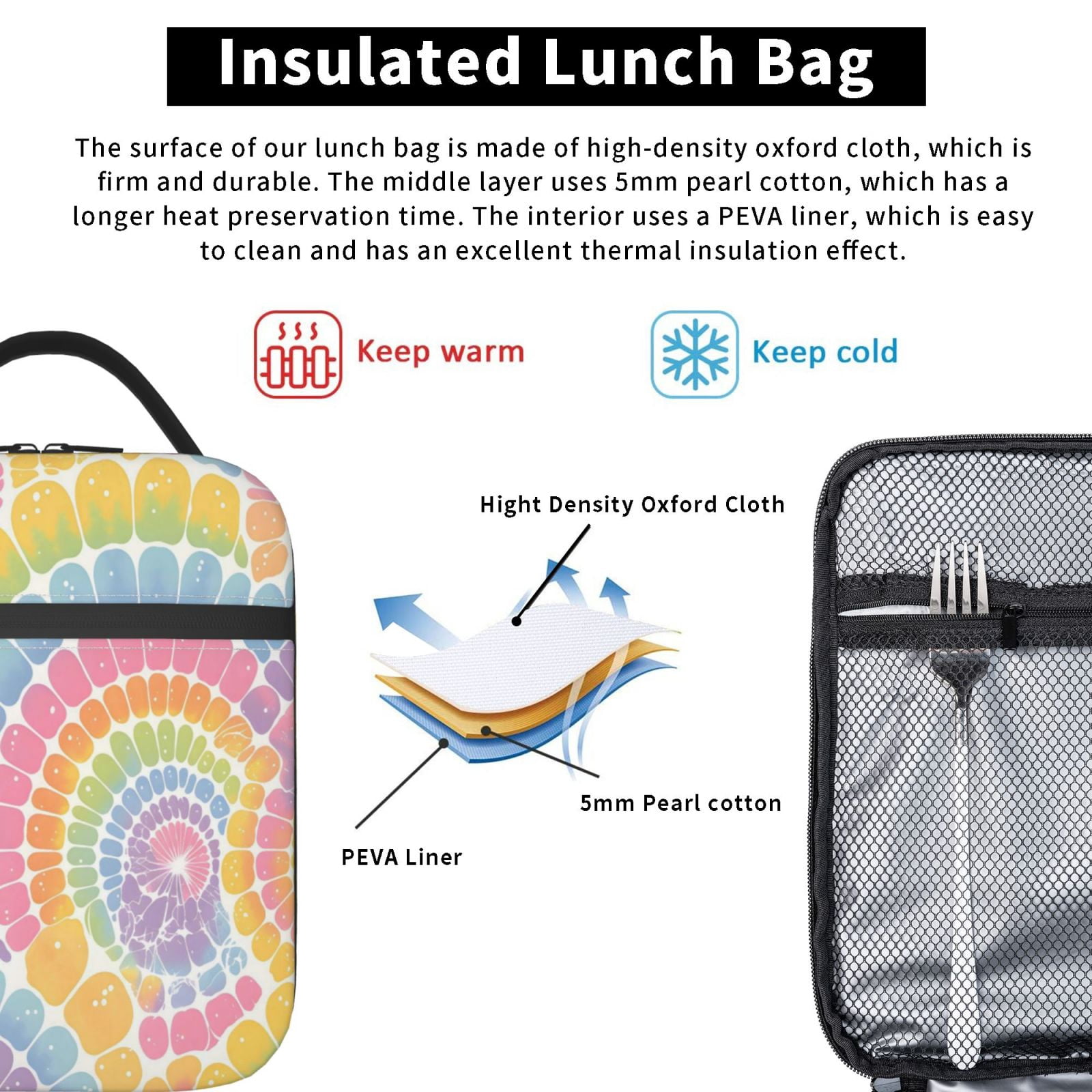 Lunch Bag For Women Men Insulated Portable Lunch Box Bento Box Office Picnic Travel Cooler Bag Gray Tie-Dye Background Rainbow Colors_2