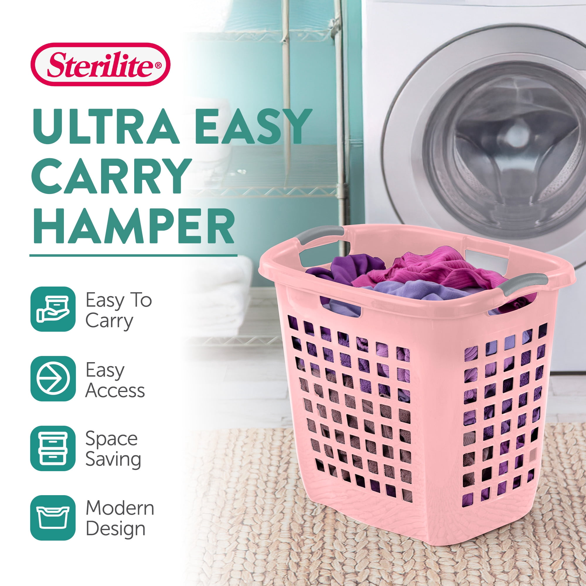 Sterilite Ultra Easy Carry Laundry Basket, 2.1 Bushel Plastic Hamper, Pink Frost, 4 Pack