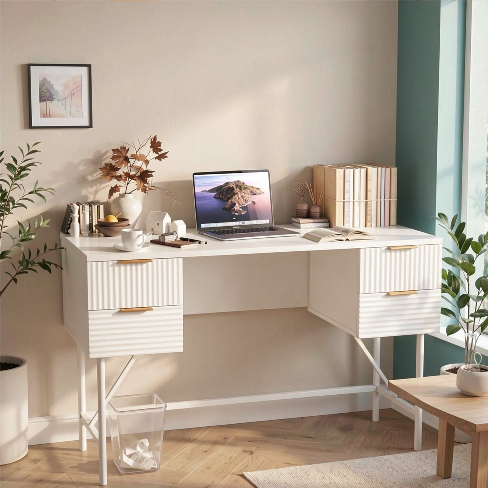 Furnibear 48 Inch Home Office Computer Desk with 4 Storage Drawers Powder-Coated Metal Frame Engineered Wood Top White