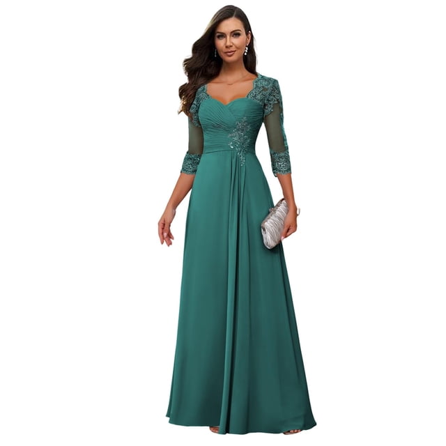 vestido loyeloy lace mother of the bride con mangas 2025, talla 12 vestido largo de gasa con escote sweetheart y mangas 3/4; línea A con cintura alta, corpiño plisado, apliques de encaje en hombros y puños y espalda con corsé; forro completo y brasier integrado, vista frontal centrada, adecuado para madre de la novia y eventos formales.