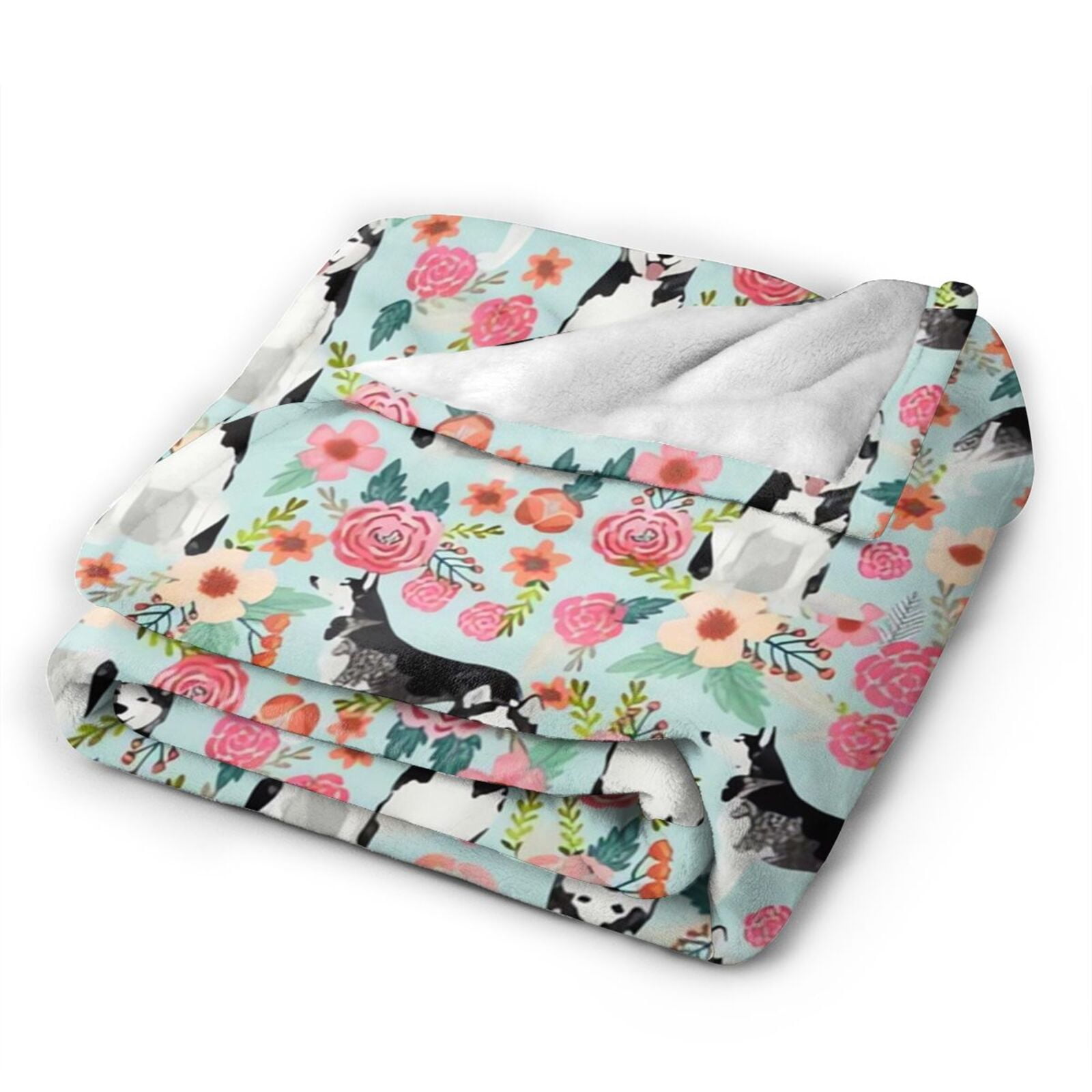 Wijzvio Husky Dogs Puppy Flower Floral Throw Blanket Soft Fuzzy Fleece Blanket For Couch Bed Living Room Decoration 50"X40"
