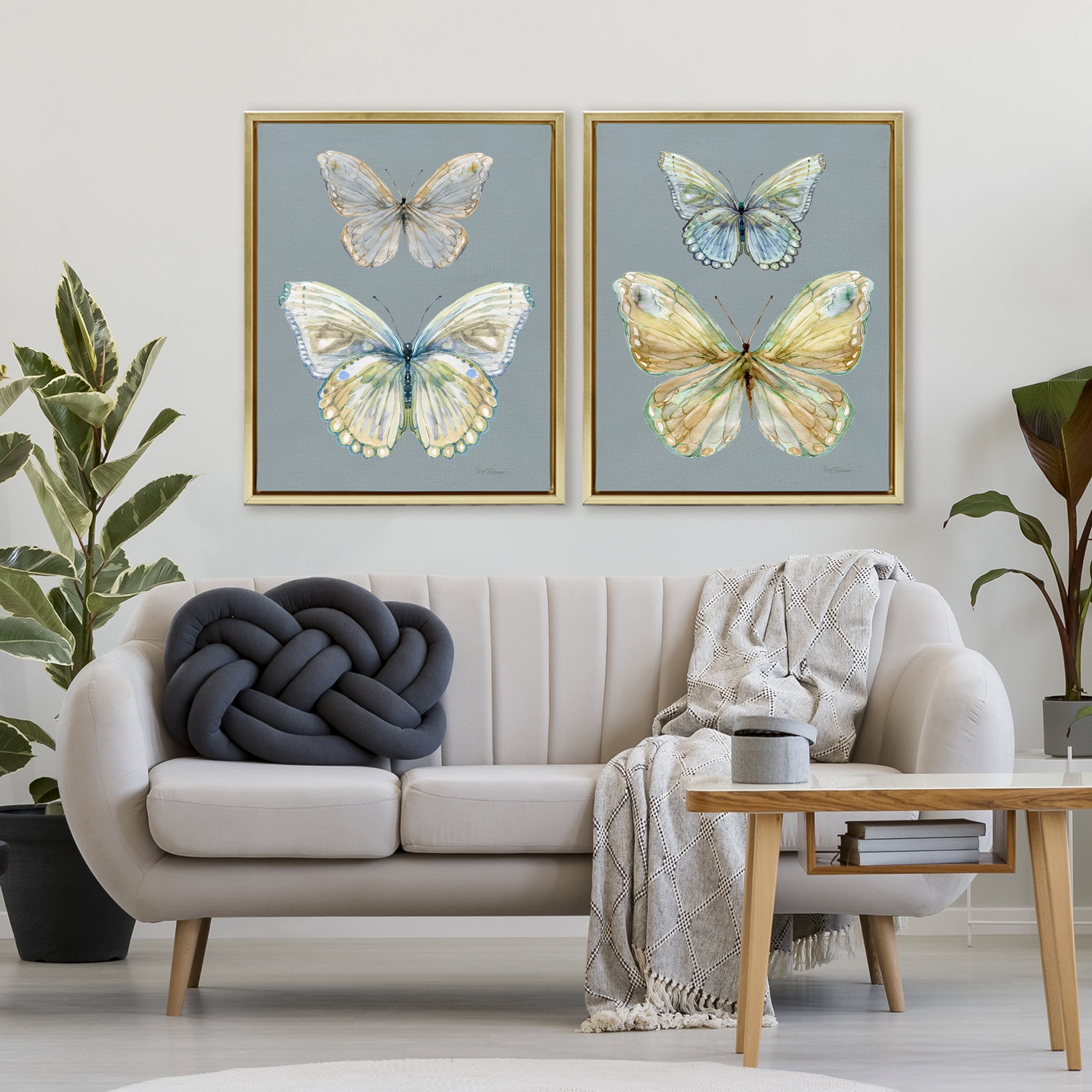 Stupell Industries Butterfly Pairs over Slate 2 Piece Gold Framed Floater Canvas Set, design by Carol Robinson
