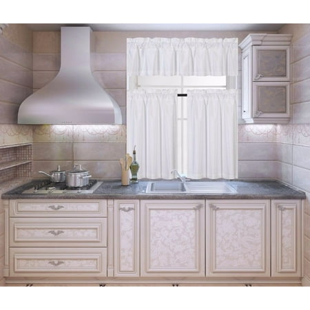 K3 White 3 Piece Blackout Rod Pocket Kitchen Window Curtain Set