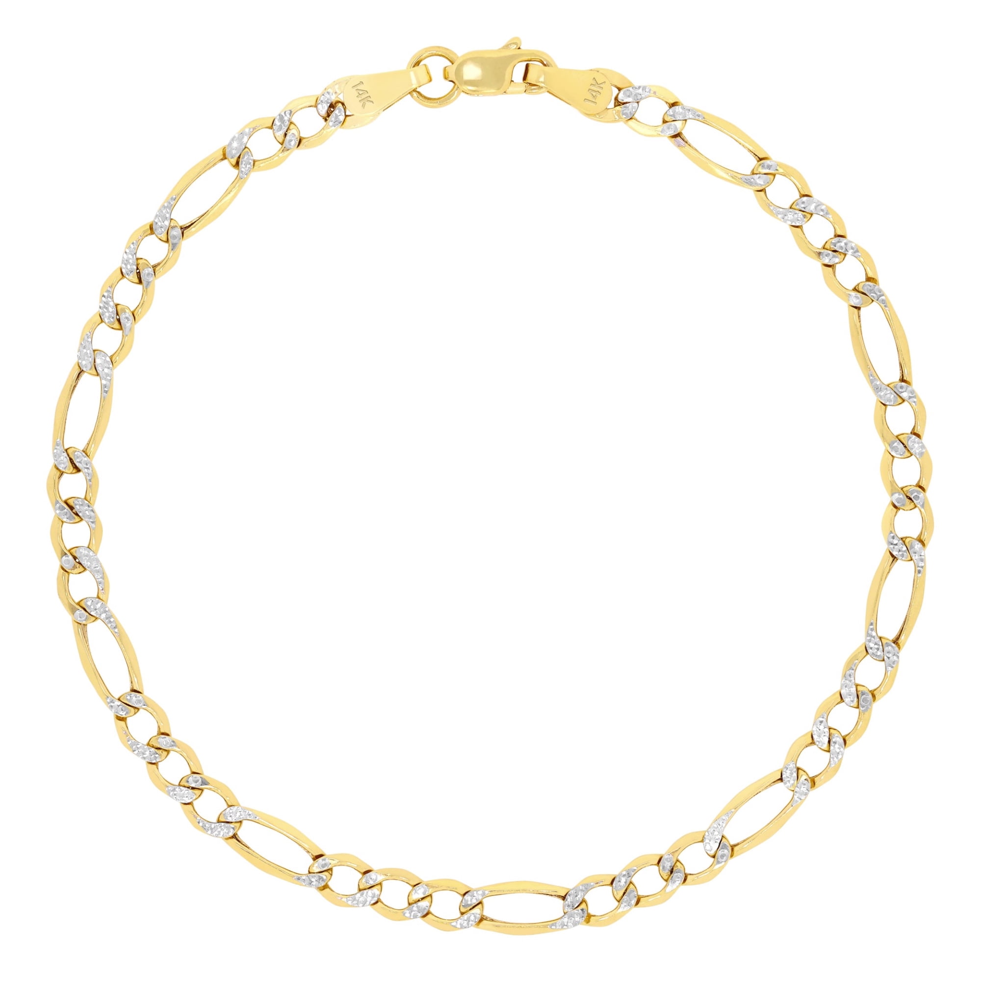 Nuragold 14k Real Yellow Gold Figaro Link 3.5mm Diamond Cut Two Tone Pave Chain Bracelet (7"-9") Italian Jewelry for Men & Women