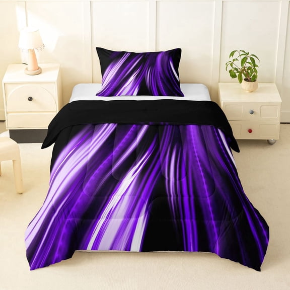Manfei Neon Light Stripes Twin Comforter Sets, Abstract Wavy Line Bedding Set, Purple Black, Black Reversible 2-Piece, 1 Comforter and 1 Pillowcase