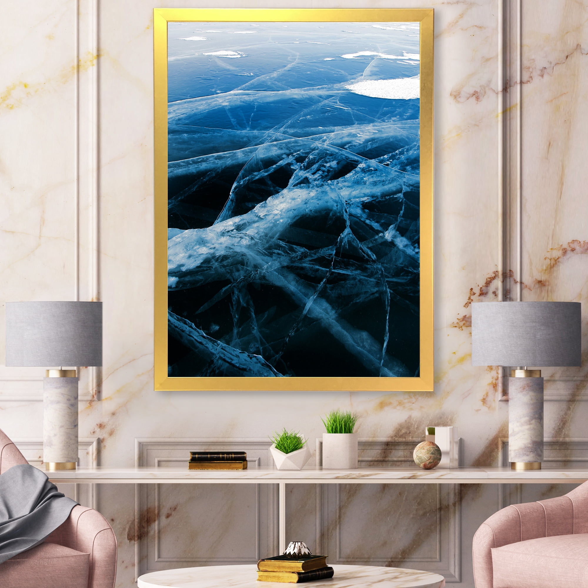 Designart 'White and Blue Ice Structure II' Modern Framed Art Print