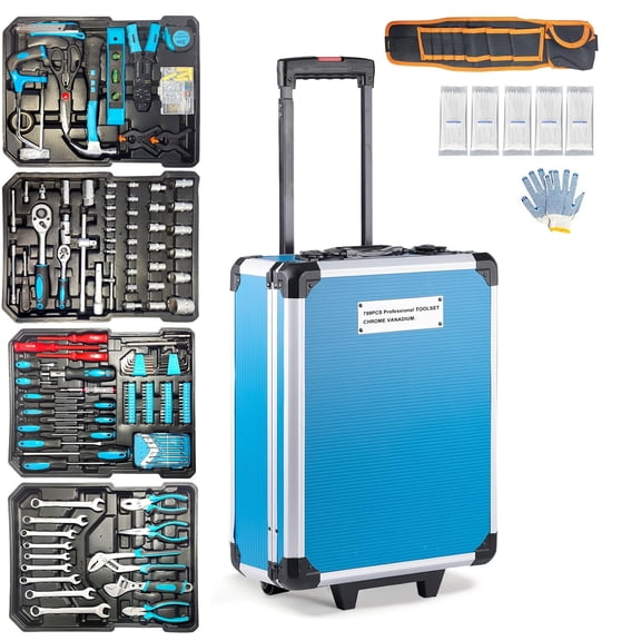 Arcwares 799pcs Aluminum Trolley Case Tool Set Silver, House Repair Kit Set, Household Hand Tool Set, with Tool Belt,Gift on Father's Day