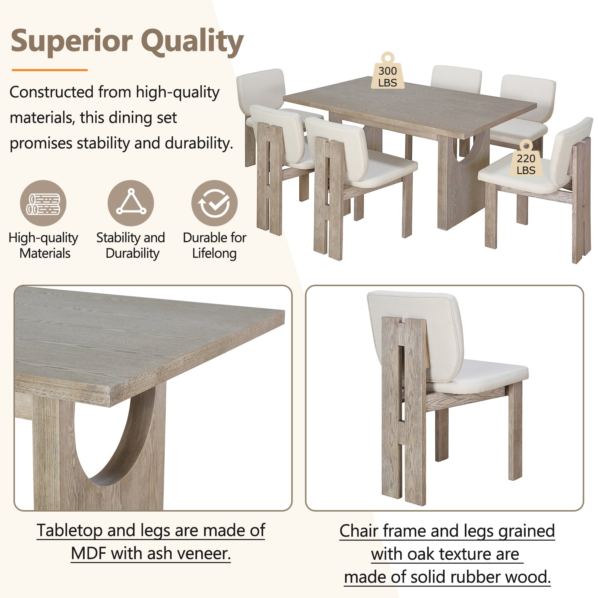 Wood Dining Table Set for 6, Atumon 7 Piece Dining Room Set, Dining Table Set with 6 Beige Cushioned Chairs, Farmhouse Dining Table Set, Dining Table Set Furniture for Kitchen Dining Room, Natural