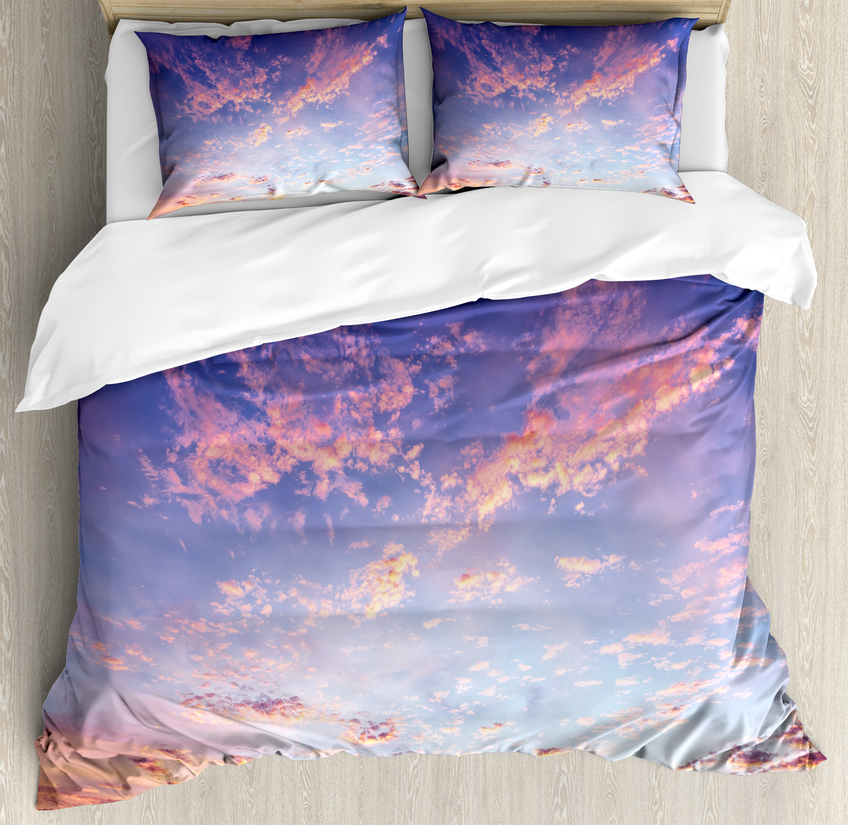 Navy and Blush Duvet Cover Set, Ethereal Sky View with Pinkish Clouds