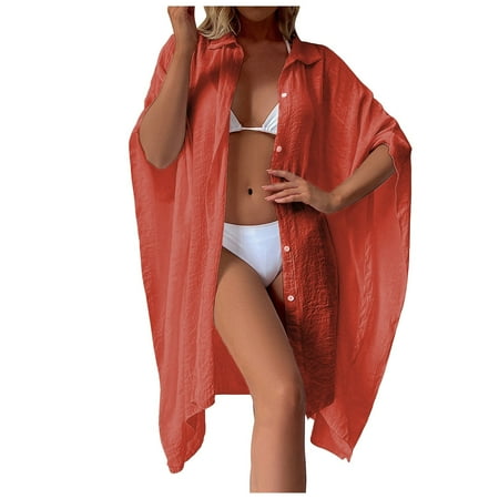 Celivon Womens Swimsuit Cover Up Slub Cotton Summer 3/4 Sleeve Solid Slub Cotton Shirt Loose Beach Cardigan Holiday Sunscreen Bikini Smock Swimsuit Cardigan