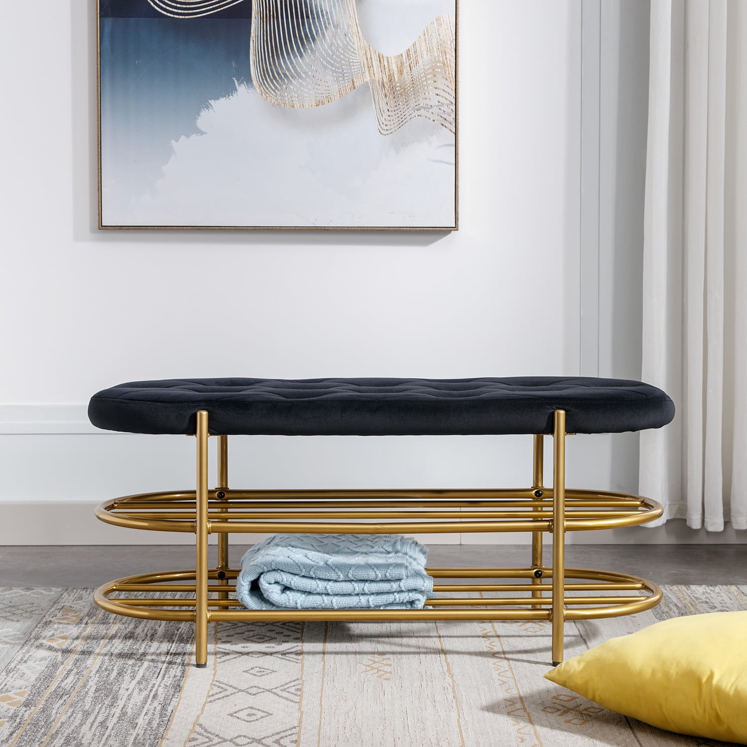 Kadyn Upholstered Velvet Beach, End of Bed Bench with 2 Shelf, Storage Beach for Living Room, Entrance, Black
