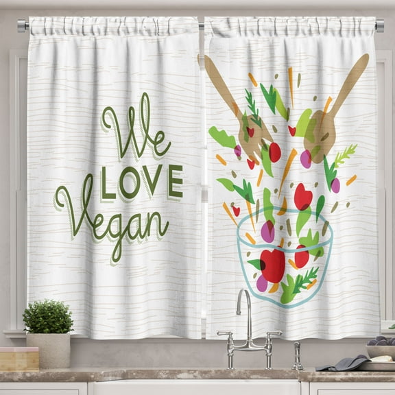Ambesonne Vegetarian Kitchen Curtains, We Love Vegan Food Salad, 55"x39", Multicolor