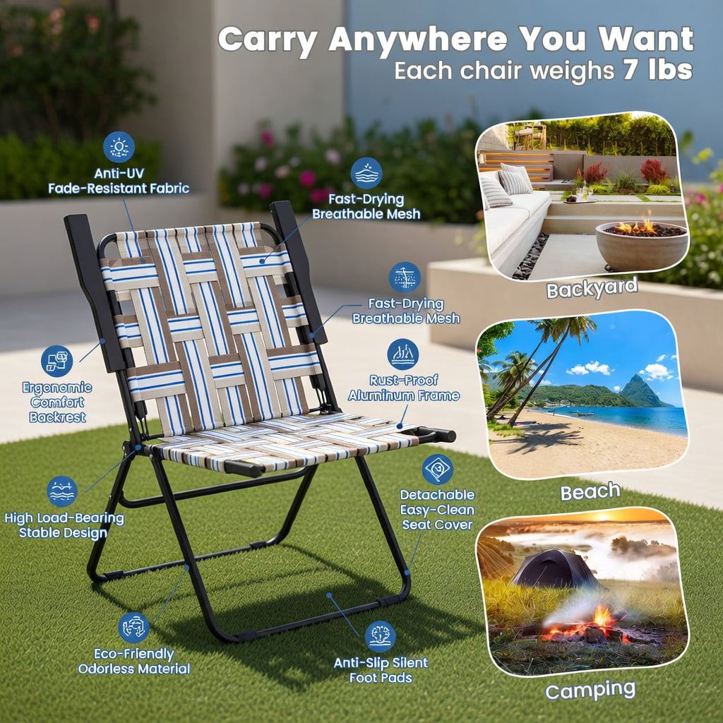 Hommoo 2-Pack Folding Beach Chair for Camping, Lawn & Outdoor Use, Heavy-Duty Steel Frame, Fade-Resistant PE Webbing, Lightweight & Portable, Coffee