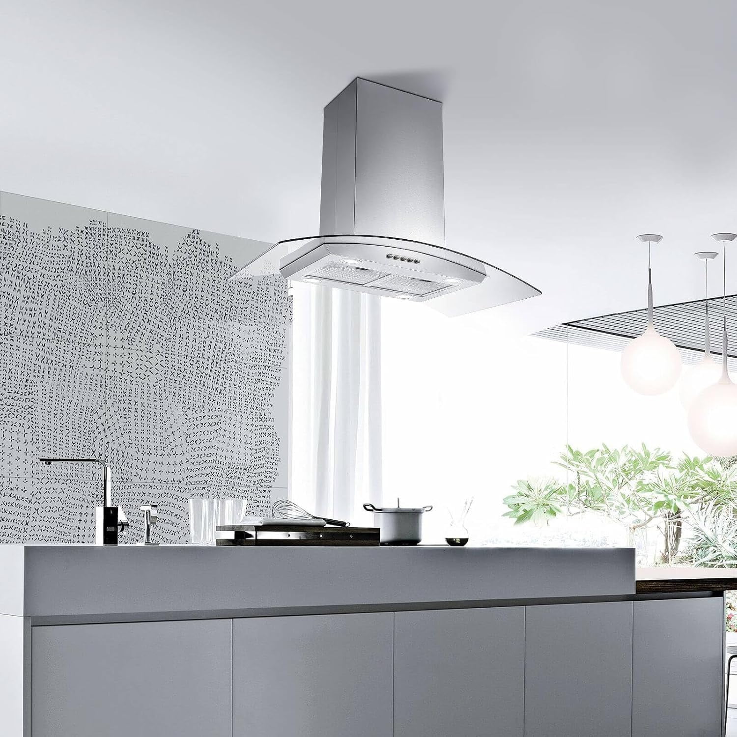 36 inch Island Range Hood 900 CFM Ceiling Mount Kitchen Vent Hood Ducted/Ductless Convertible 4 LED Lights 5-Layer Filters Extractor Stove Exhaust Fan, Curved Tempered Glass Stainless Steel