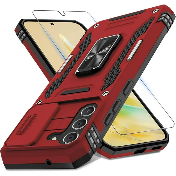 for Samsung Galaxy S21 FE Case with Slide Camera Cover Screen Protector (1 Pack), Rotated Ring Kickstand Military Grade Shockproof Protective Cover-Red