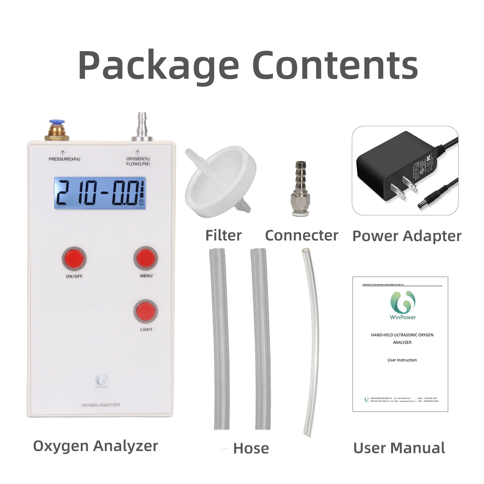 Portable Oxygen Analyzer 3-in-1 Gas Purity Flow Pressure with LCD Backlit Display Oxygen Purity Tester Rechargeable Battery