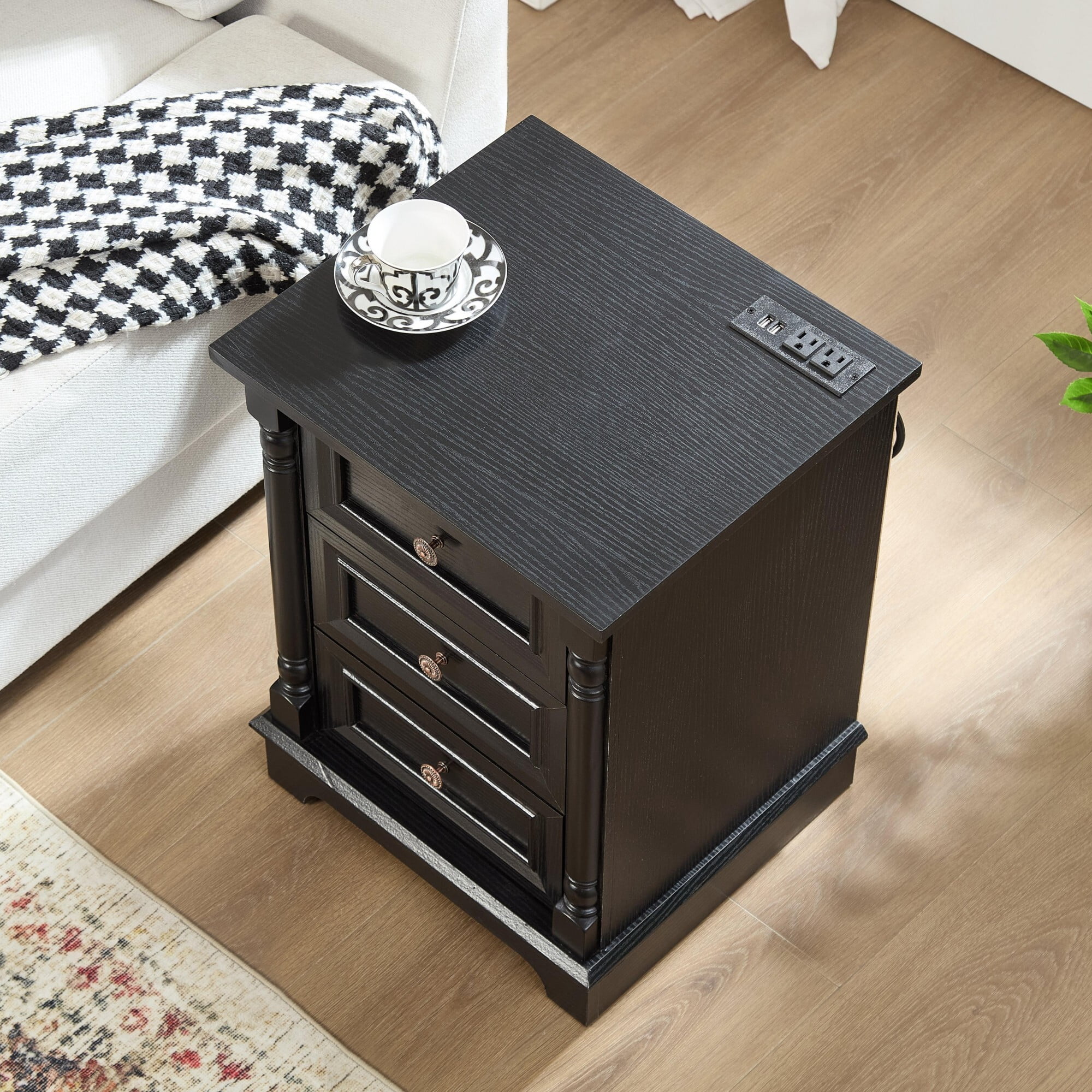 AENKYO Farmhouse 3-Drawer Nightstand with Charging Station, Rustic Wooden End Table for Bedroom & Living Room, Black