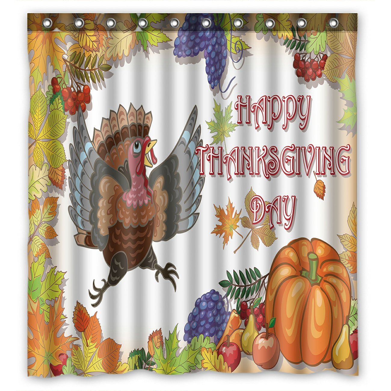 PHFZK Harvest Shower Curtain, Happy Thanksgiving Turkey with Pumpkin