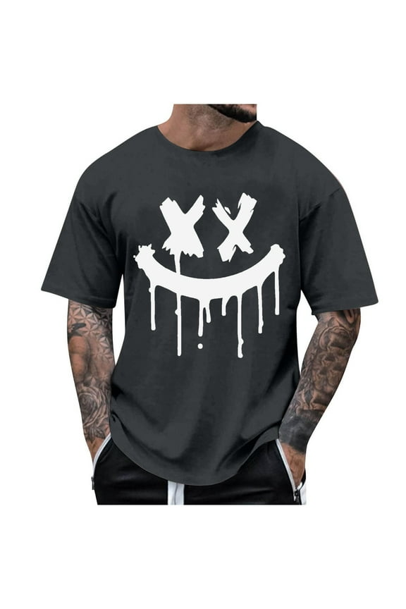 Summer Men's Round Neck T-Shirt Fashion Casual Smiling Face Printed T-Shirt Top Gray