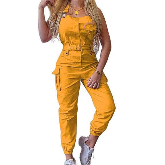 Canrulo Women's Sleeveless Overalls Adjustable Straps Bib Pants Jumpsuit with Belt and Pockets