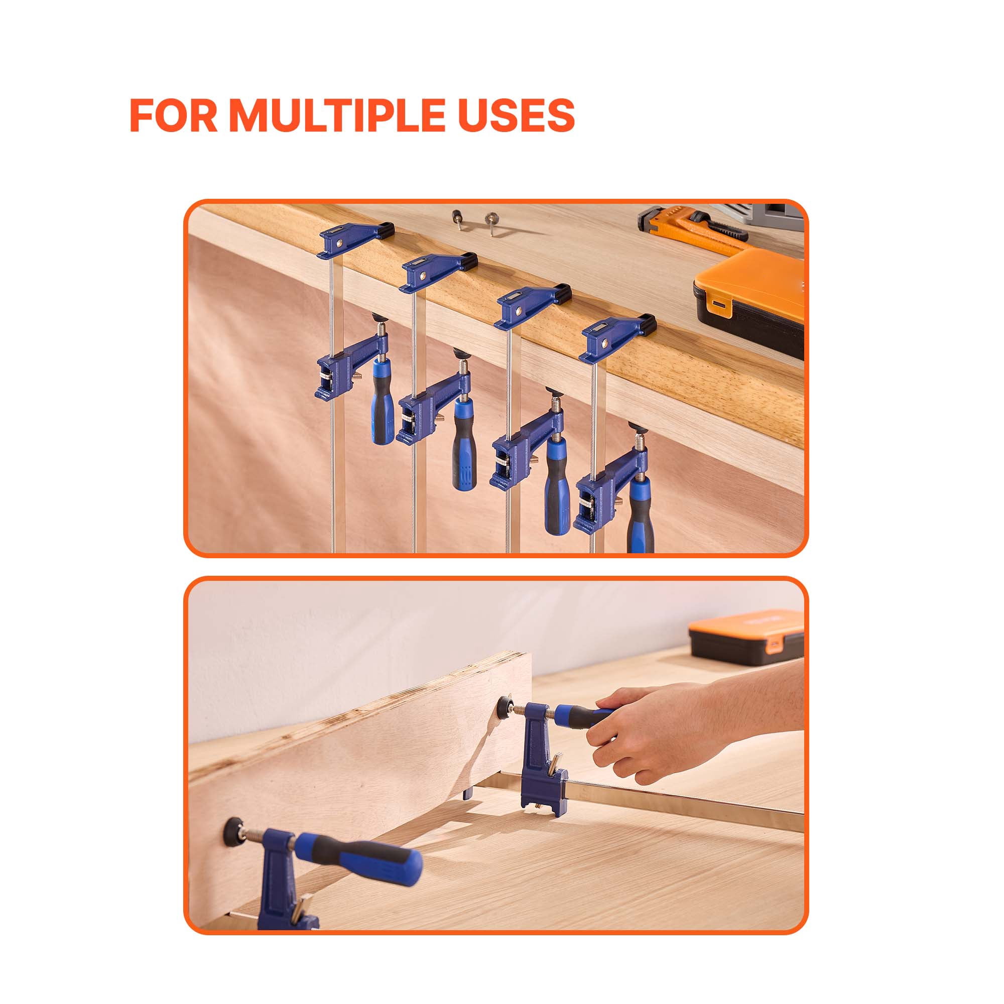KFFKFF Set of 4 Bar Clamps for Woodworking, 36-Inch Opening, Lockable F-Clamp with 600 lbs Load Capacity, 2-1/2 Inch Throat Depth, Durable Cast Iron and Carbon Steel, User-Friendly Design for Wood
