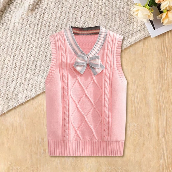 AUDeals Boys Girls School Uniform Knit Sweater Vest with Bowknot, V Neck Sleeveless Preppy Pullover, Fall Winter Fashion Kids Clothes (Pink, 11-12 Years)