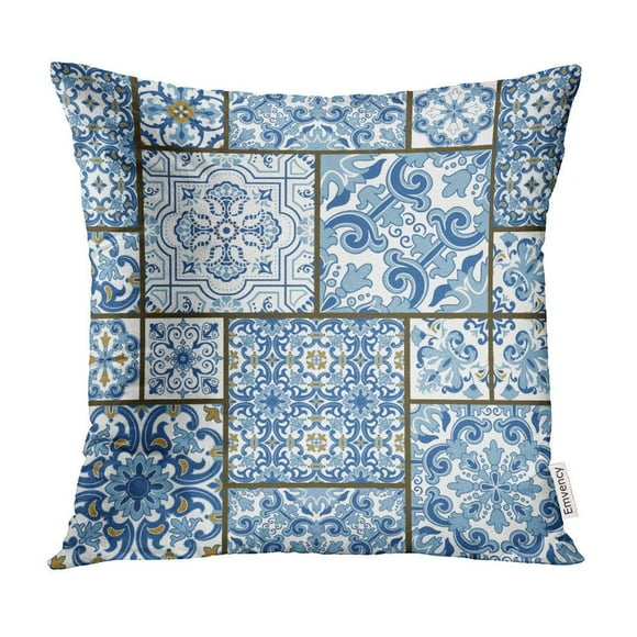 BOSDECO Majolica Pottery Blue and White Azulejo Original Traditional Portuguese Spain Patchwork Pillow Case Pillow Cover 18x18 inch