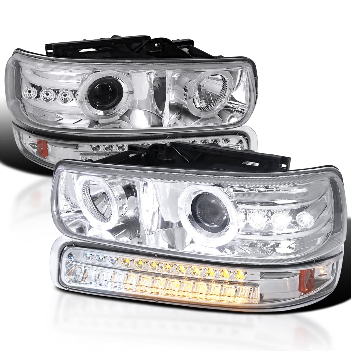 Spec-D Tuning LED Bar Chrome Housing Clear Lens Headlights Bumper Lights 4PC Clear Reflector Compatible with Chevy Silverado 1999-2002 00-06 Tahoe Suburban L+R Pair Assembly 