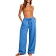 thumbnail image 2 of Dxzfnsa Wide Leg Pants for Women Womens Casual Linen Solid Color Pants Drawstring Elastic Waist Long Trousers Lounge Beach Trousers with Pockets, 2 of 9