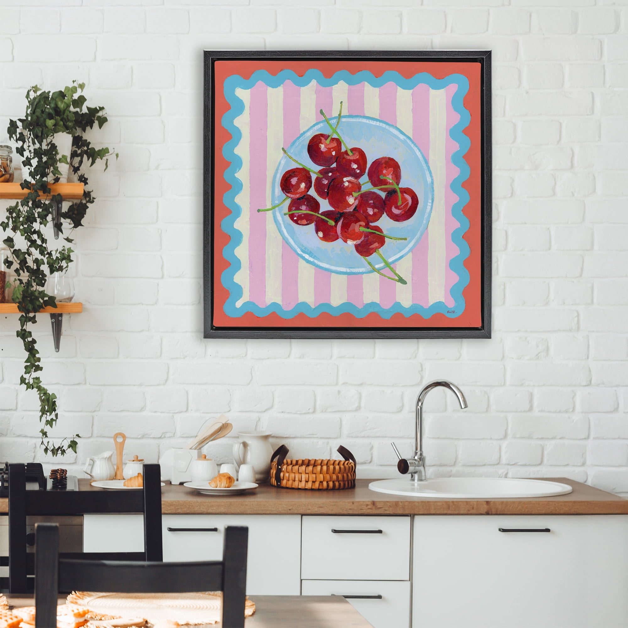 Stupell Industries Red Cherries over Pink Stripes Black Framed Floater Canvas Wall Art, design by Rachael Reese