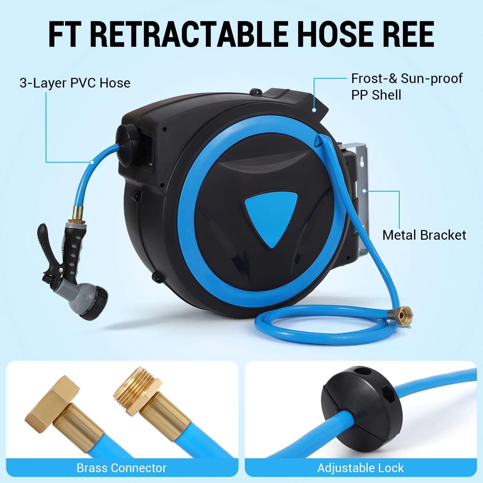 Mescukay Retractable Garden Hose Reel - 1/2 inch x 65 Ft Wall Mounted, 9-Function Nozzle, Any Length Lock, Slow Return, 180° Swivel Bracket